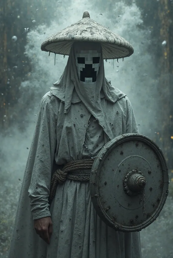 man with torn white cloth mask with Minecraft creeper's face, mushroom hat, Aura Grey Aura Grey Round Shield Aura Apron