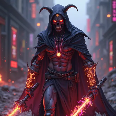 A menacing cyber-demon warrior emerges from a dystopian, neon-lit wasteland. His skull-like head, scarred with glowing fissures and radiating infernal energy, is framed by a long, tattered cloak that drapes over his face, obscuring his nose and mouth. The ...