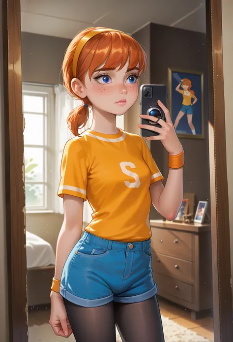 score_9,score_8_up,score_7_up BREAK april2012,1girl,solo,blue eyes,freckles,shirt,ponytail,pantyhose,hairband,shorts,orange hair,black pantyhose,wristband,blue shorts,room,room background, standing in the room, near the mirror, taking a photo with an iPhon...