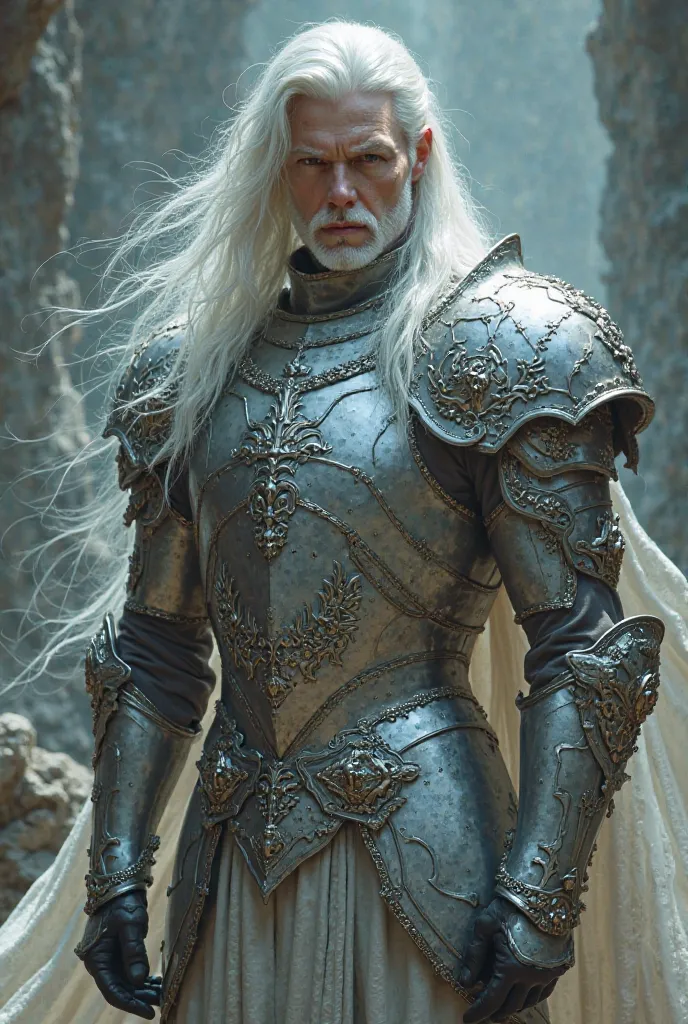 A man in iron armor, with long white hair, and white skin, surreal beauty 