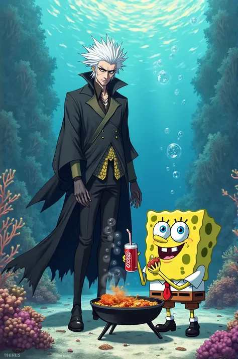 Generate an image of Gojo from JJK with SpongeBob eating a barbecue under the sea with a Coca-Cola