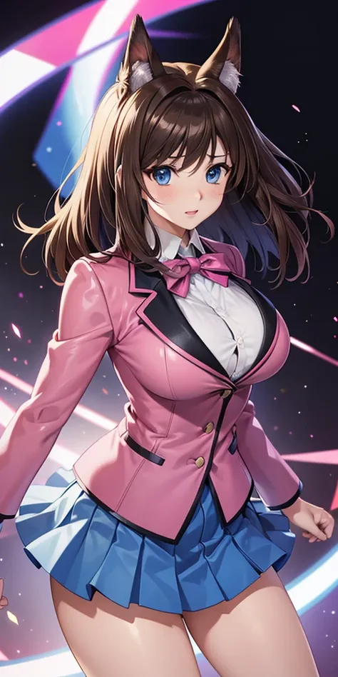   1 female,high definition,dementia,    ultra-realistic    ,8K, aamazaki, ( capillary antenna :1.2), blue eyes, blue,   pink jacket, blazer,  long leather sleeves, blue skirt ,   Skinny skirt  ,  mini fold,  pleated skirt  , big breasts,European,sexy,Prime...