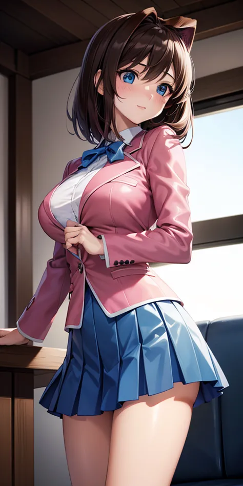   1 female,high definition,dementia,    ultra-realistic    ,8K, aamazaki, ( capillary antenna :1.2), blue eyes, blue,   pink jacket, blazer,  long leather sleeves, blue skirt ,   Skinny skirt  ,  mini fold,  pleated skirt  , big breasts,European,sexy,Prime...