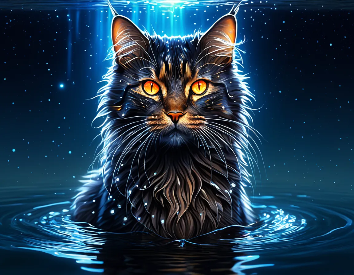 Close up of a cat with glowing eyes sitting in water, 4K Highly Detailed Digital Art,  beautiful 4K art,  4K detailed digital art ,  very very beautiful fur art, very  beautiful digital art standing under a star ,  beautiful digital art standing under a st...