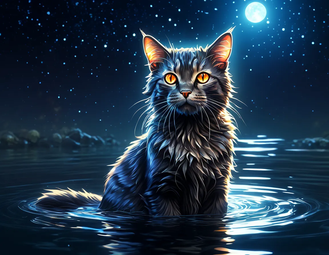 Close up of a cat with glowing eyes sitting in water,  digital art inspired by Cyril Roland, The winner of the deviantart contest ,  furry art, 4K Highly Detailed Digital Art,  beautiful 4K art,  4K detailed digital art , very very beautiful  furry art, ve...