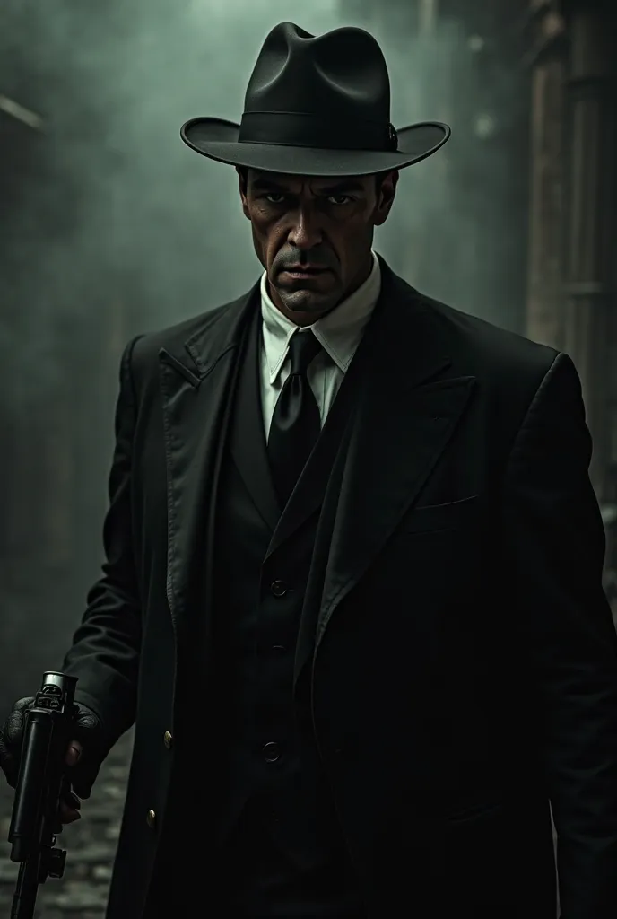 "An extremely dangerous mobster, wearing an elegant black suit and a classic black fedora hat. He has a cold and intimidating expression, with a subtle scar on her face .  in one hand, he holds a gun up, showing his power and authority. The scene has a dar...