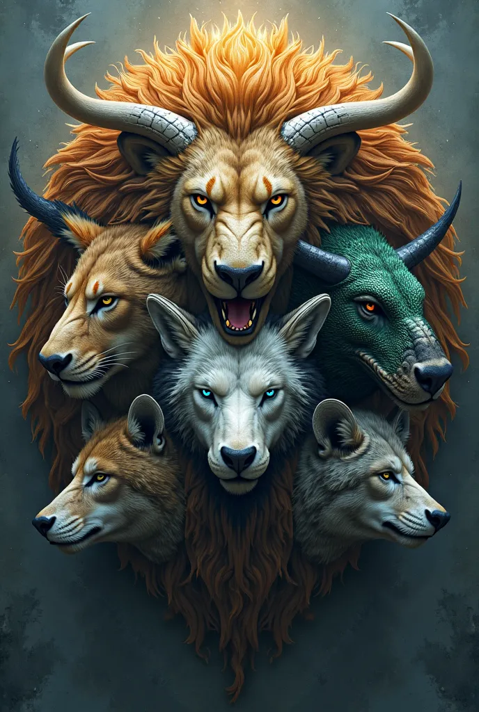 Create an ultra-detailed image of a beast Calyptic with seven heads, each representing a different animal. } The first head is that of a lion, with a flaming mane in shades of gold and orange, piercing amber eyes and sharp teeth. The second is that of an e...