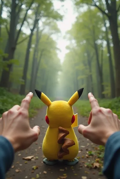  An ultra-realistic POV , capturing the first person perspective,Two hands showing up pointing forward, And Pikachu with his back the furthest forward of the stage. The environment in the background being a forest