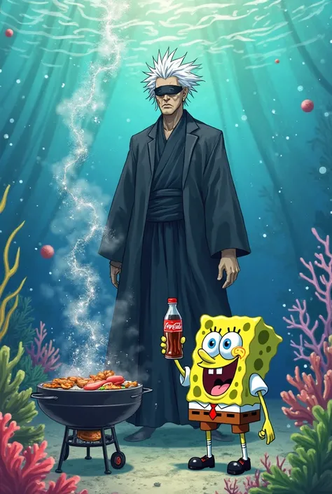 Generate an image of Gojo by Jujustu Kaisen with SpongeBob eating a barbecue under the sea with a Coca-Cola