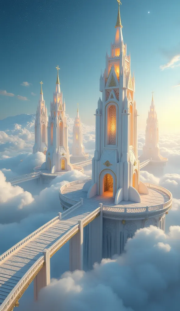 A heavenly city floats serenely among soft and bright clouds. Large white and gold towers, with intricate and sharp shapes, rise to the sky, creating a landscape worthy of a fairytale. Each tower has golden details that shine softly in the light emanating ...