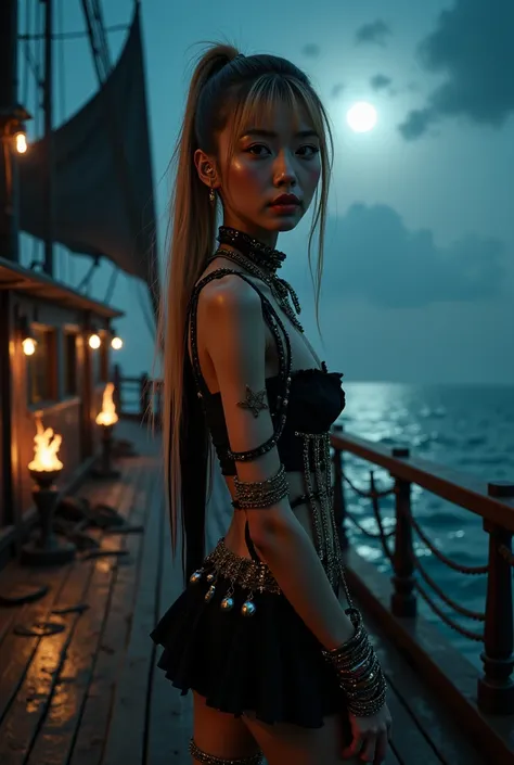 A skinny Chinese woman, 18 years old, with an extremely thin body, fragile and delicate look, Small bust, thin waist and thin legs with a gap between the thighs. Blonde hair 88 .0, with fringe and extremely long ponytail and black roots. deep black eyes , ...