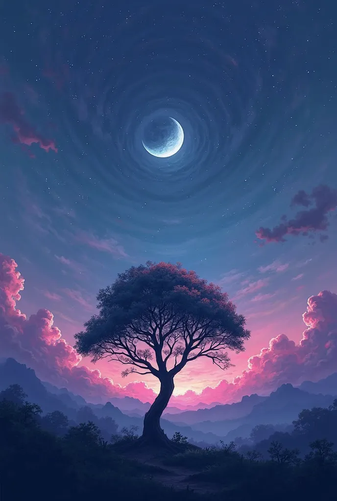 Simple night landscape with colors purple blue black and pink, that has a moon and a tree