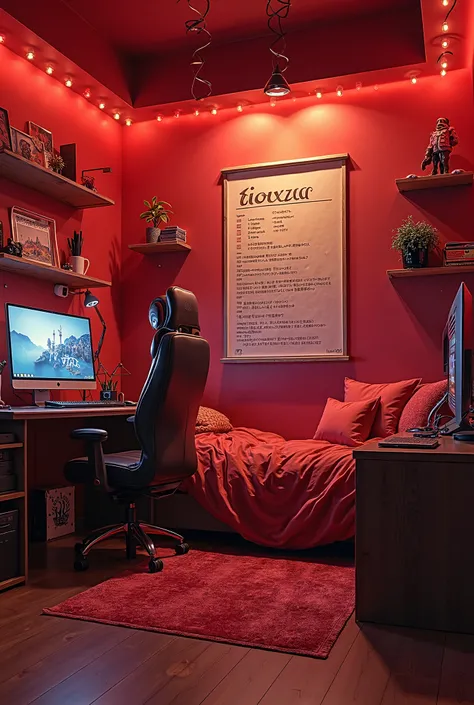 Create a 4k resolution image of a gamer bedroom background with the predominant color red and with a TIUZAO recipe on the wall 