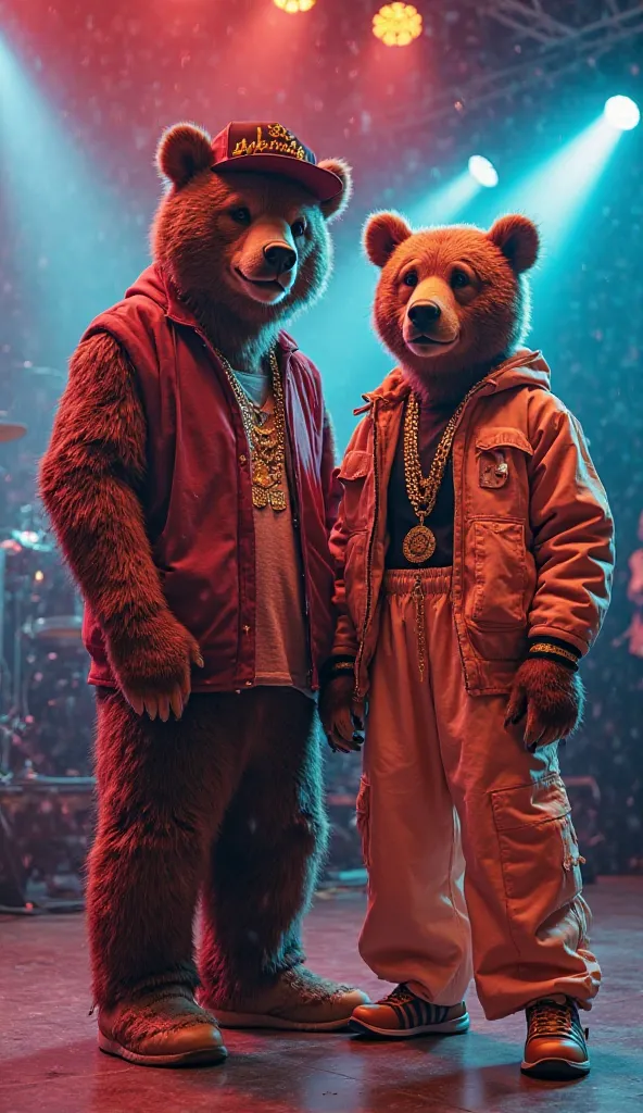 A vibrant scene featuring two anthropomorphic bears dressed in hip-hop clothing. O urso macho usa um moletom oversized, back facing cap and gold chains, while the bear wears a cropped top, wide pants and flashy earrings. They pose on an illuminated stage, ...