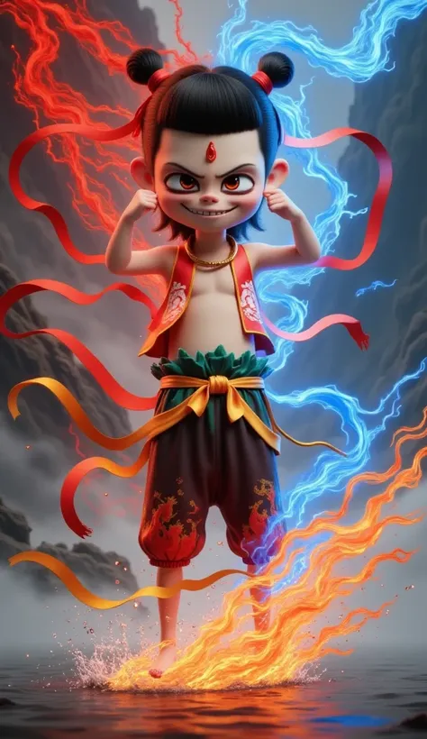 Nezha, the young God of War, merges traditional mythology with cyber aesthetics, showcasing an awakened state where divinity and demonic nature intertwine. His eyes reveal the sharpness of millennia of cultivation, a slight smirk hinting at a rebellious an...