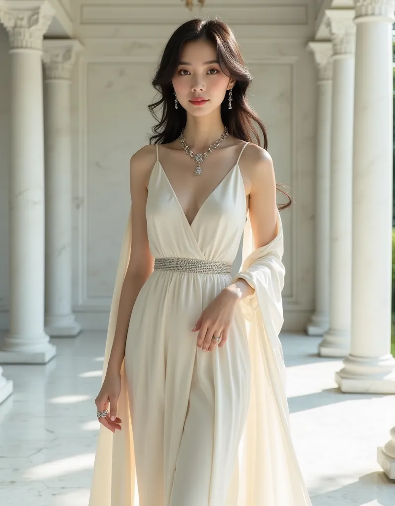 slender woman in a white dress and cape posing for a picture, elegant fashion model, chic business outfit, stylish business woman, kinky, wearing an elegant outfit, busty, asian woman,  cleavage, elegant cape, wearing stunning ivory dress, wearing ivory co...