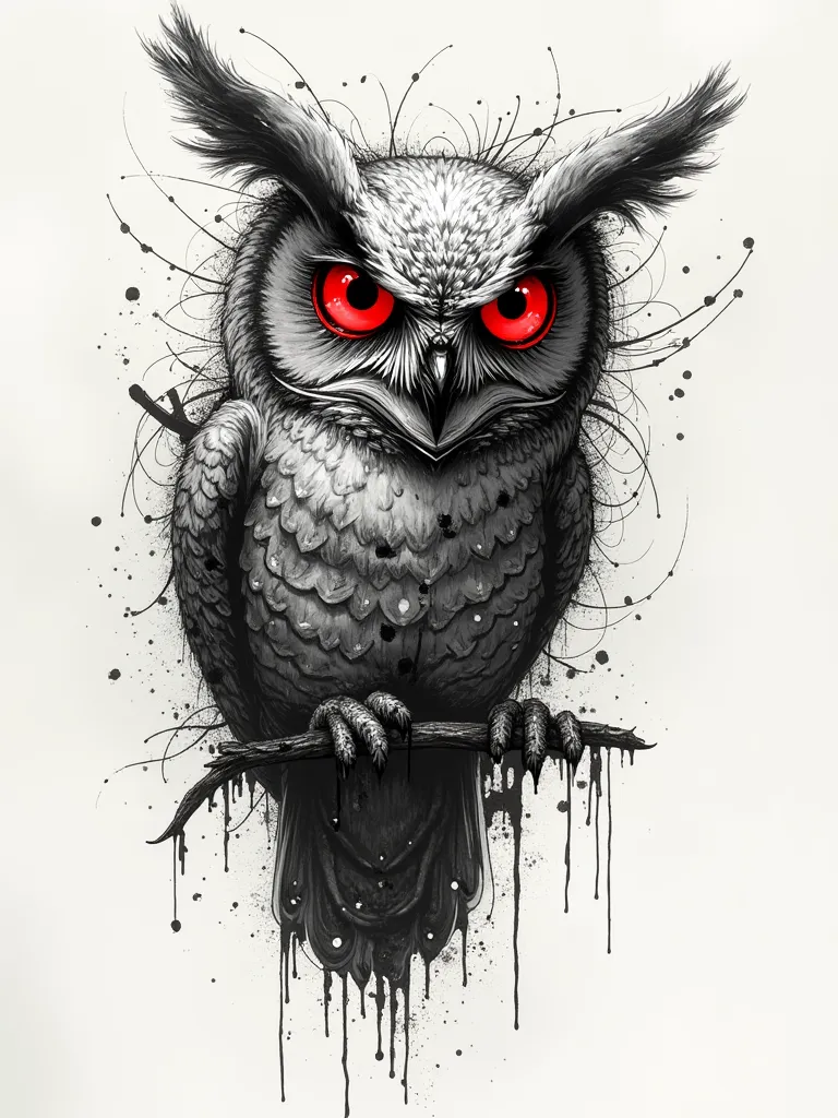 Sketch style red-eyed owl tattoo design, scribbled, slot, design, black lines, decal, lineart , pointillism, Distorted, design derretido,  surrealism