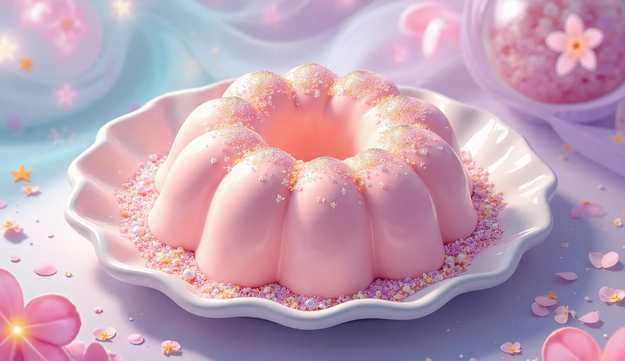 Make a personalized，Sailor Moon themed condensed milk pudding. This pudding should have anime colors and sparkles.

