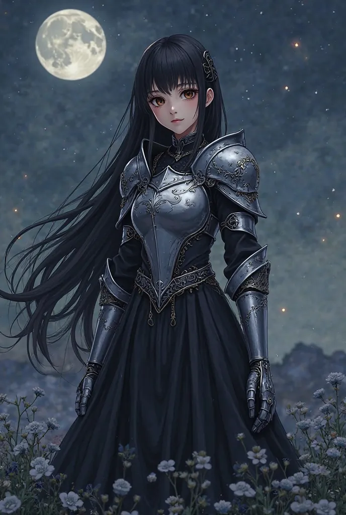 wallpaper, anime style, age 30 lady woman, black hair long, brown eyes, wearing dress with armor, dress is black, armor is silver with organic details, precise ornaments, landscape of small grey flowers, moon on the night sky