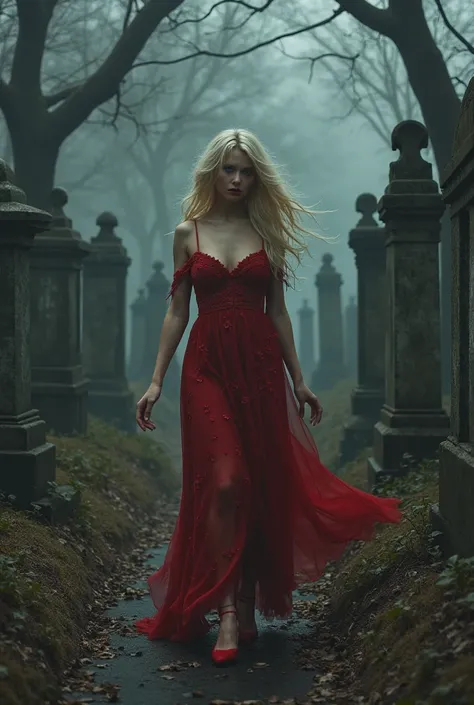 A dark cemetery setting with a beautiful woman walking around wearing a red dress worn down on her breasts and red lipstick just like the blonde dress, blue eyes, flowing hair 