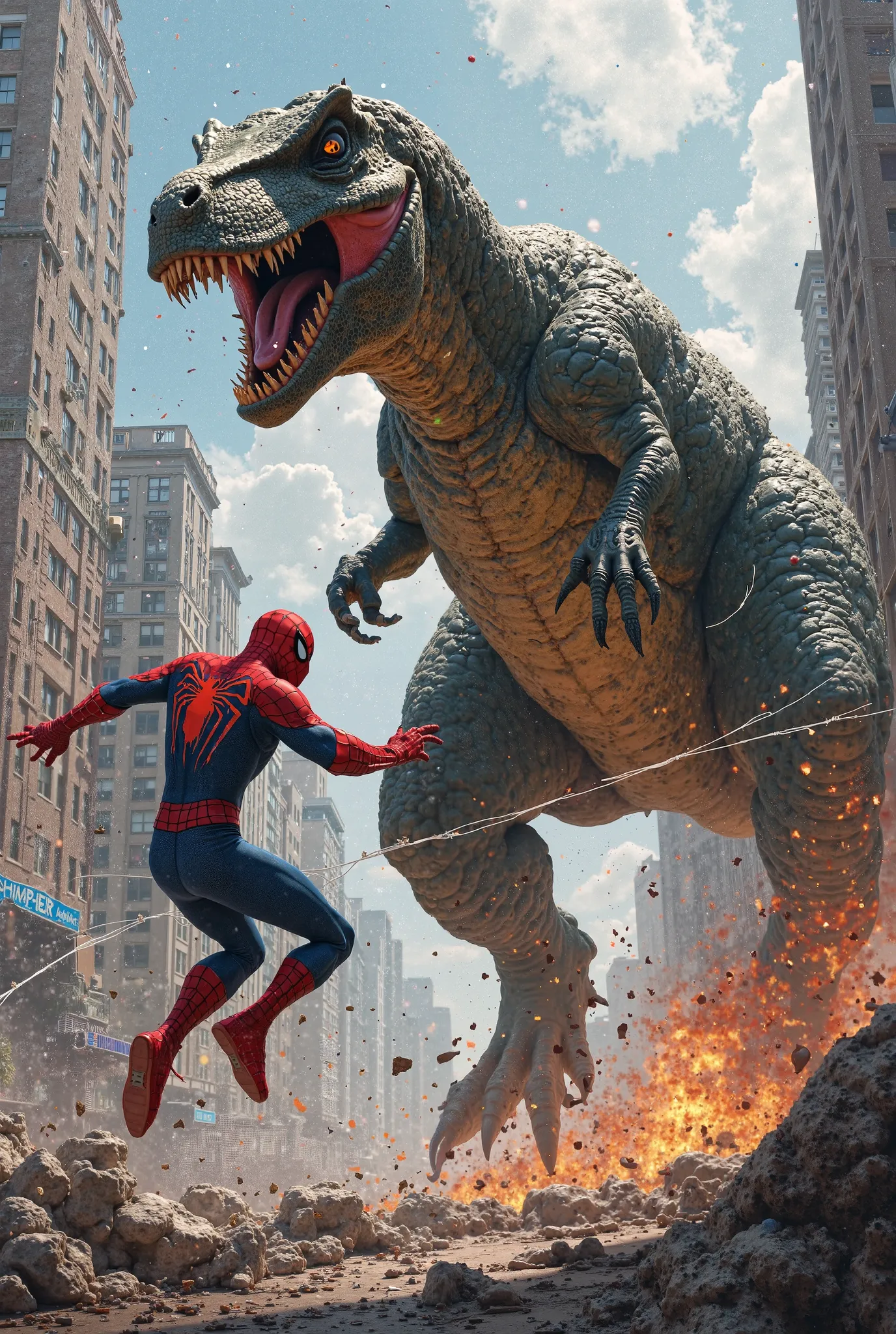 Spiderman fighting a dinosaur. 
In format 3:2