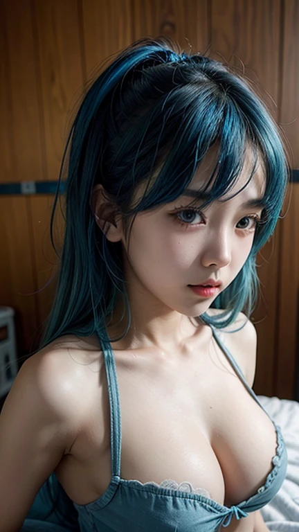 Blue-haired Asian girl on her back