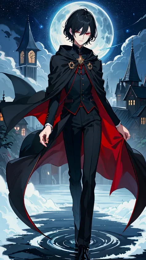  vampire。beautiful, tall, handsome young man with short black hair with waves, thin, slender eyes。dark blue school uniform with padded collar and black cloak。 dark blue slacks 。Little red eyes。A completely dark city of buildings at midnight。starry sky。