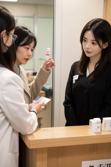 Japanese female pharmacist。Black and long hair。 and is wearing a white coat。counter showing an old woman giving medication instructions。The background is the dressing room。The illustrations are real, not anime。