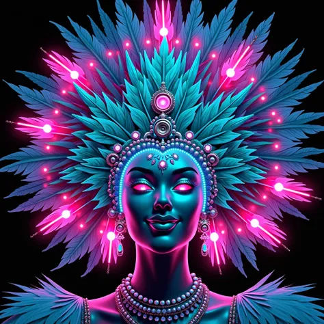 MASSKARA FESTIVAL HOLOGRAM Radiating glow front face image of a glossy turquoise and orange fluorescent with intricately detailed, multicolor feathers and lights glowing out of cogs and gears. The uncanny rainforest valley in the background is filled with ...