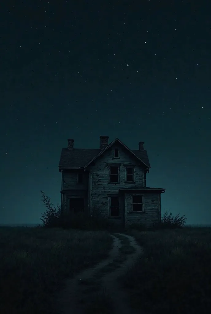 An abandoned house against a background of darkness only illuminated by the stars