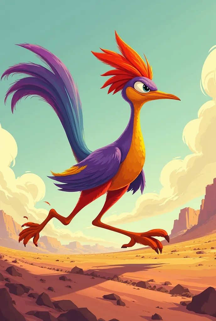 I want a purple with orange and yellow roadrunner that looks like it's running 