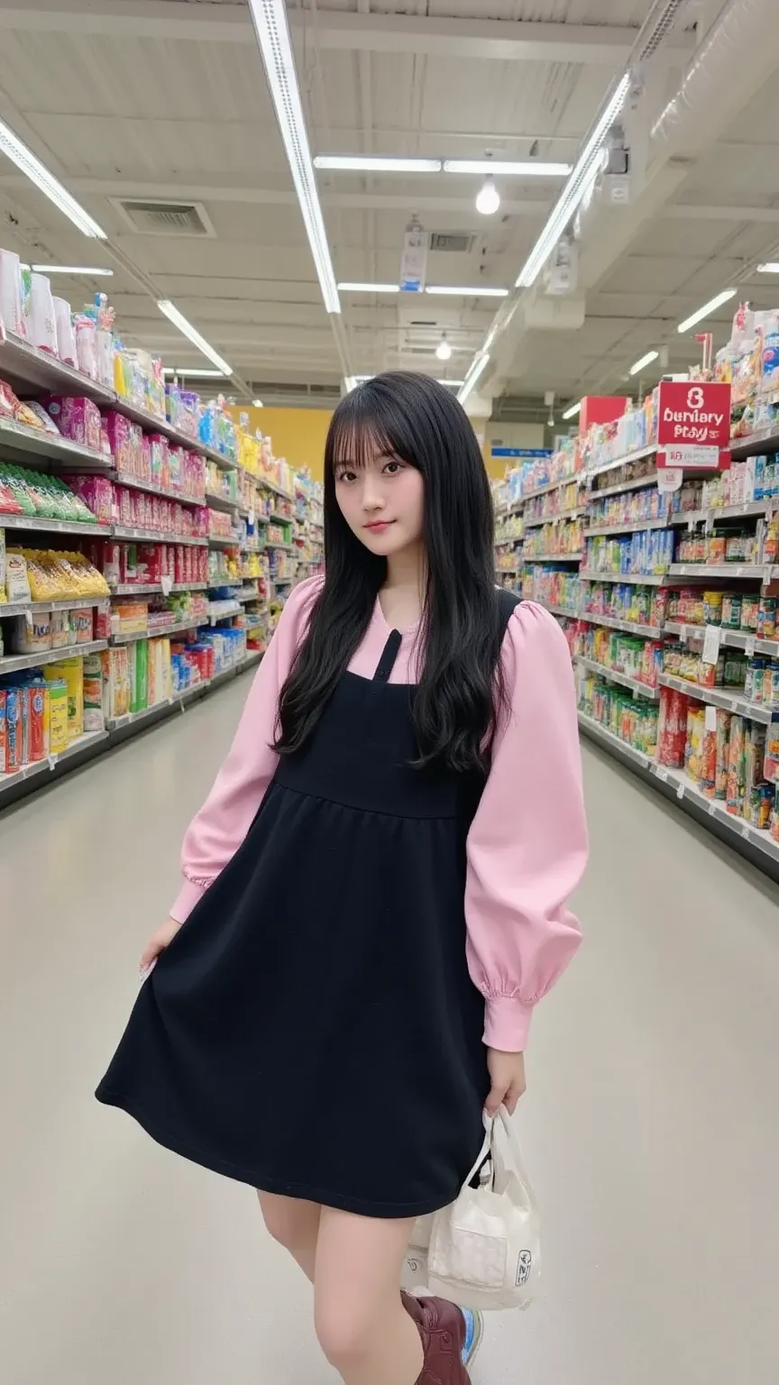 {
  "prompt": "A peaceful weekday scene in a supermarket. A woman, dressed in a dress resembling an apron, stands intently gazing at time-sale items with sharp, animal-like eyes. The supermarket aisles are well-lit and filled with various products. The wom...