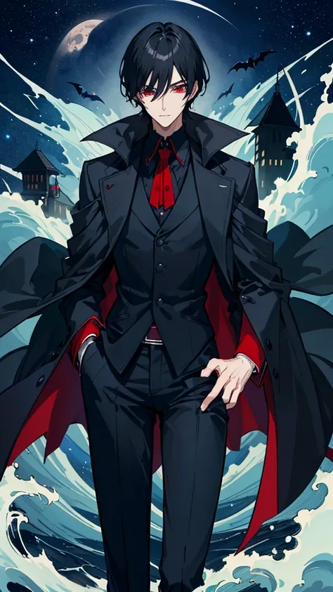  vampire。A tall, handsome young man with short black hair with waves and thin, slender eyes。dark blue school uniform with padded collar and black cloak。 dark blue slacks 。Little red eyes。A completely dark city of buildings at midnight。starry sky。