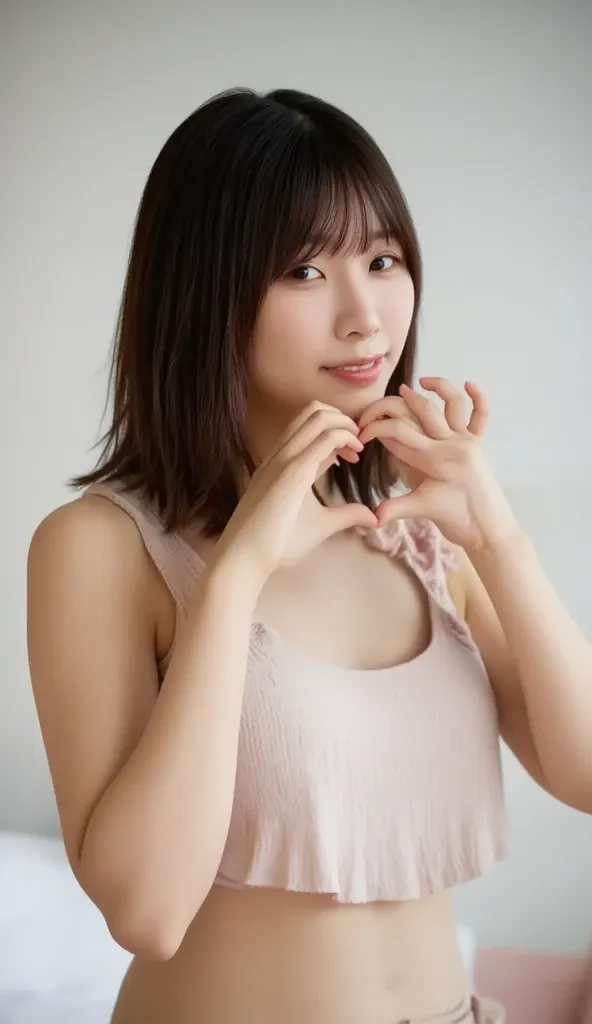  she's wearing a dress , I make a heart shape with both hands , And then pose in front of her chest, Close-up shot of a smiling face winking and smiling