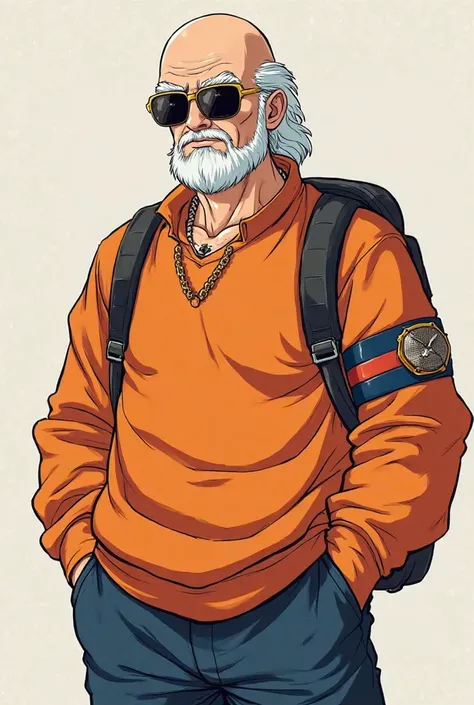 Create unique and original art featuring the character of Master Roshi from Dragon Ball wearing an orange sweatshirt, with a band on the arms of the dark blue blouse, with dark blue pants and with modern sunglasses and gold frames and a backpack on his bac...