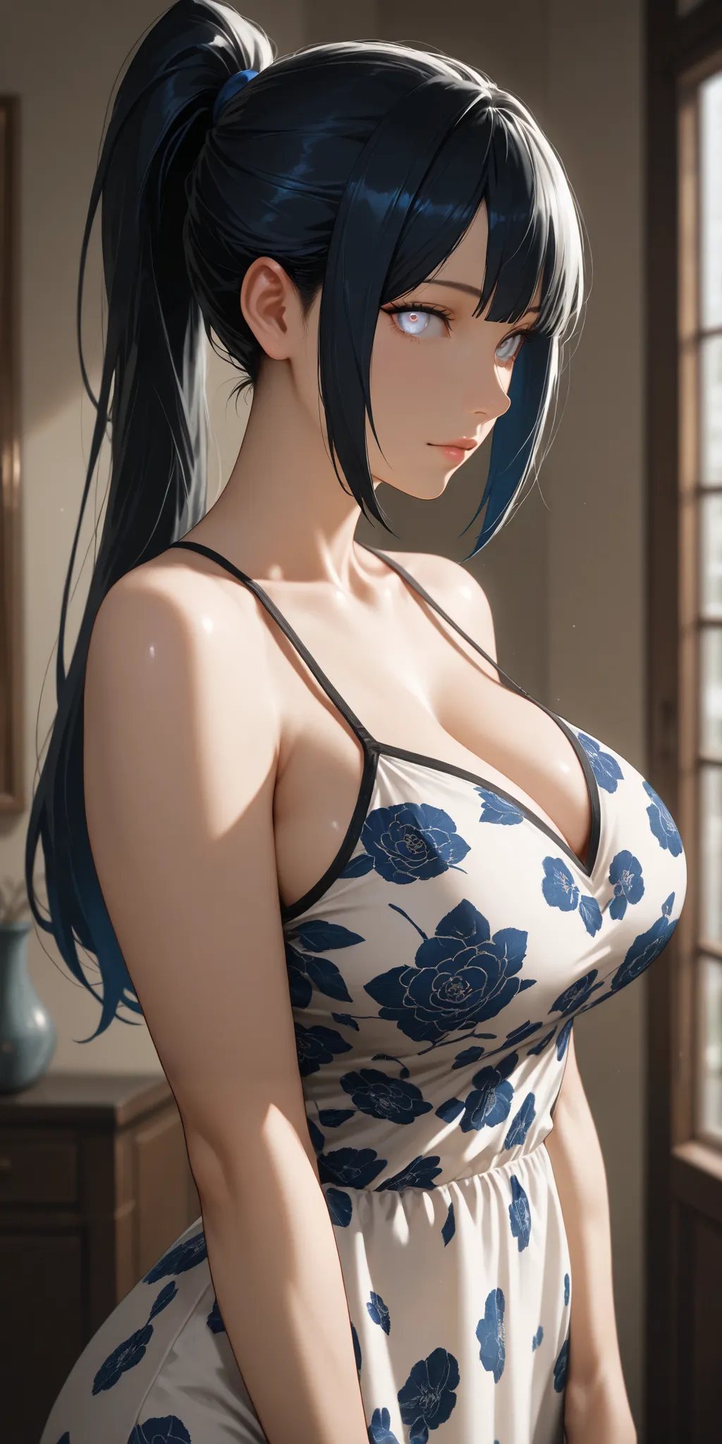 Masterpiece, newest, high contrast, high quality, ultra HD,very aesthetic, vibrant, mature female, hinata hyuga, high ponytail long hair, black hair color, white eye color, camisole, perfect breast, upper body, ultra detailed, highres, best quality, home, ...