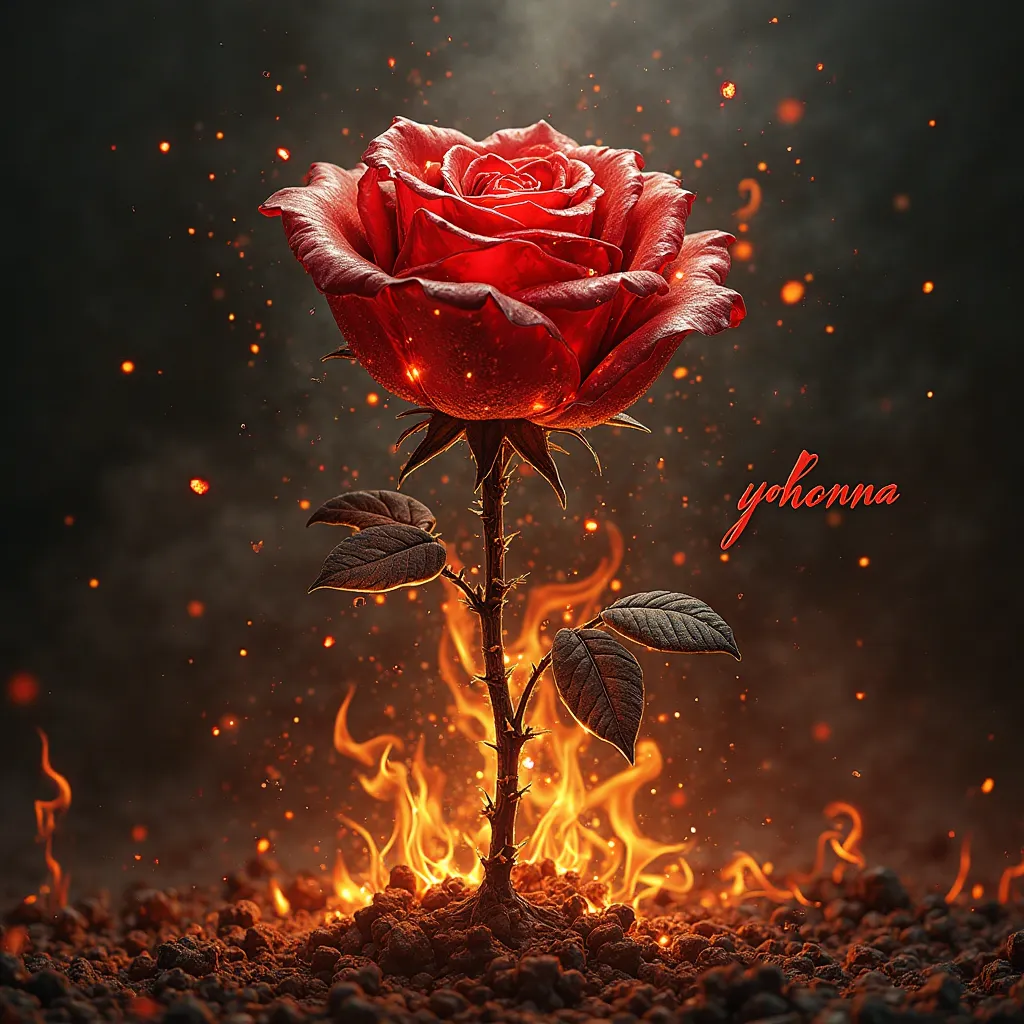 Create an album cover with the image of a red glass rose shattered in flames, still standing on its branch, and the words' Yohanna 'in an ornate font.