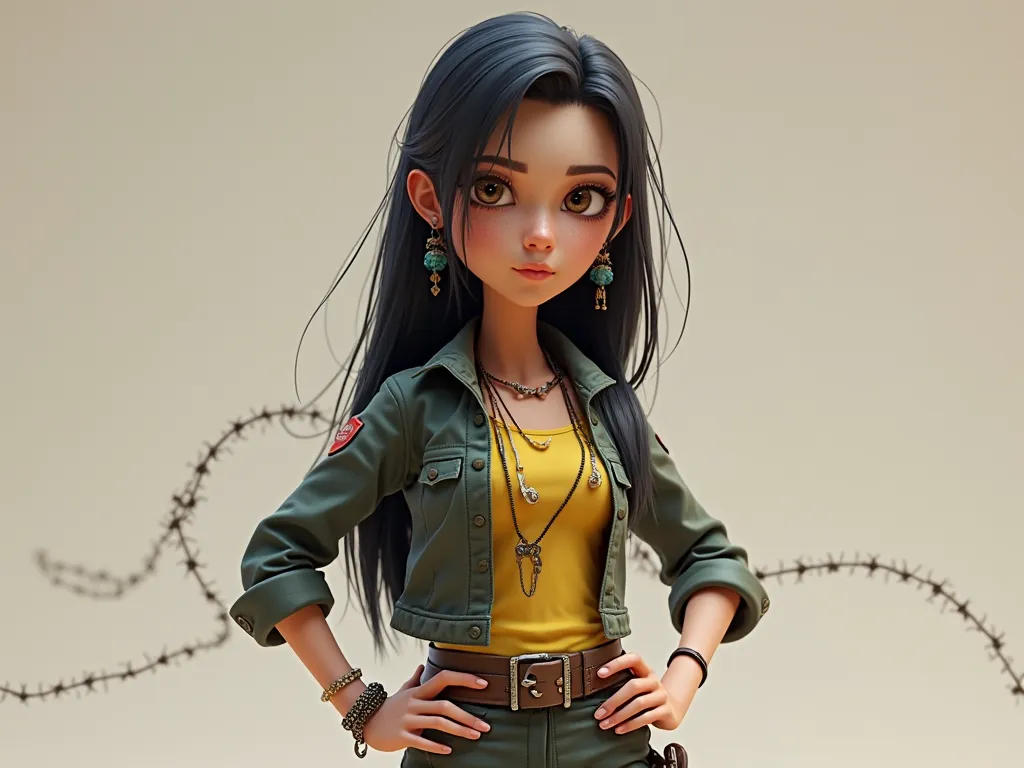 Create a Pixar Studios-style 3D female character with long black hair (clothes with reference to the mythical character Sophia Dawn's Renewal from the game Call of Duty mobile) hands on the waist serious expression light brown eyes with one foot resting on...