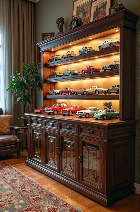 Counter for displaying small collector cars inside the house as a wall or room ornament 
