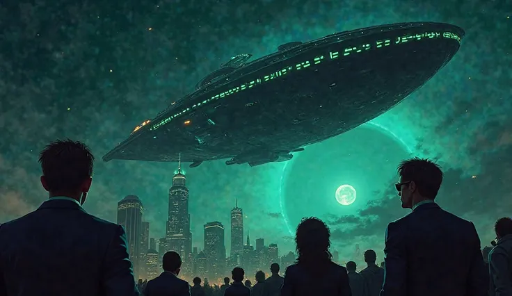 Create a dramatic and mysterious thumbnail depicting the return of extraterrestrial beings from an unknown planet. The scene should feature a dark, starry sky with a large, menacing alien spaceship hovering above a major city. The spaceship should be sleek...