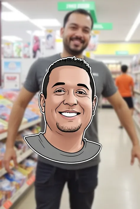 Creation of a digital illustration in drawing style of a full-bodied man, inspired by the reference provided. He is wearing a gray shirt with the name 'Mercado de Barão Juparanã Bom Preço' written on his chest, accompanied by a small shopping cart logo. th...