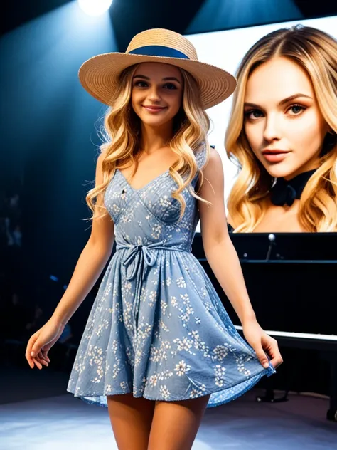 3D cartoon blond girl standing near the stage 