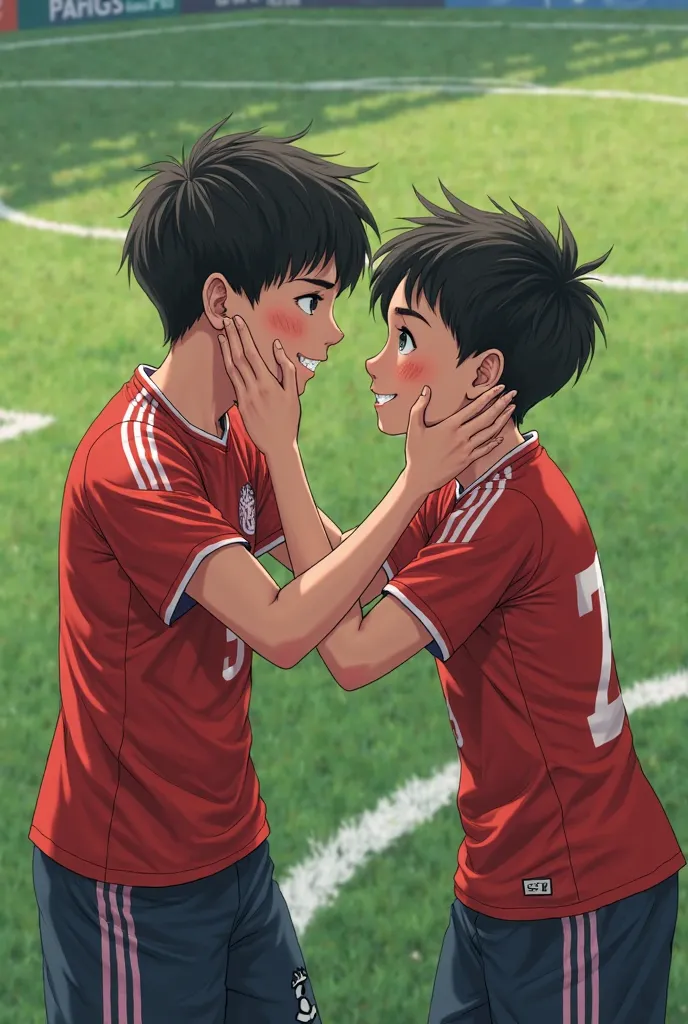 Two Asian teenagers in soccer uniforms, one of them squeezes the crotch of the other 