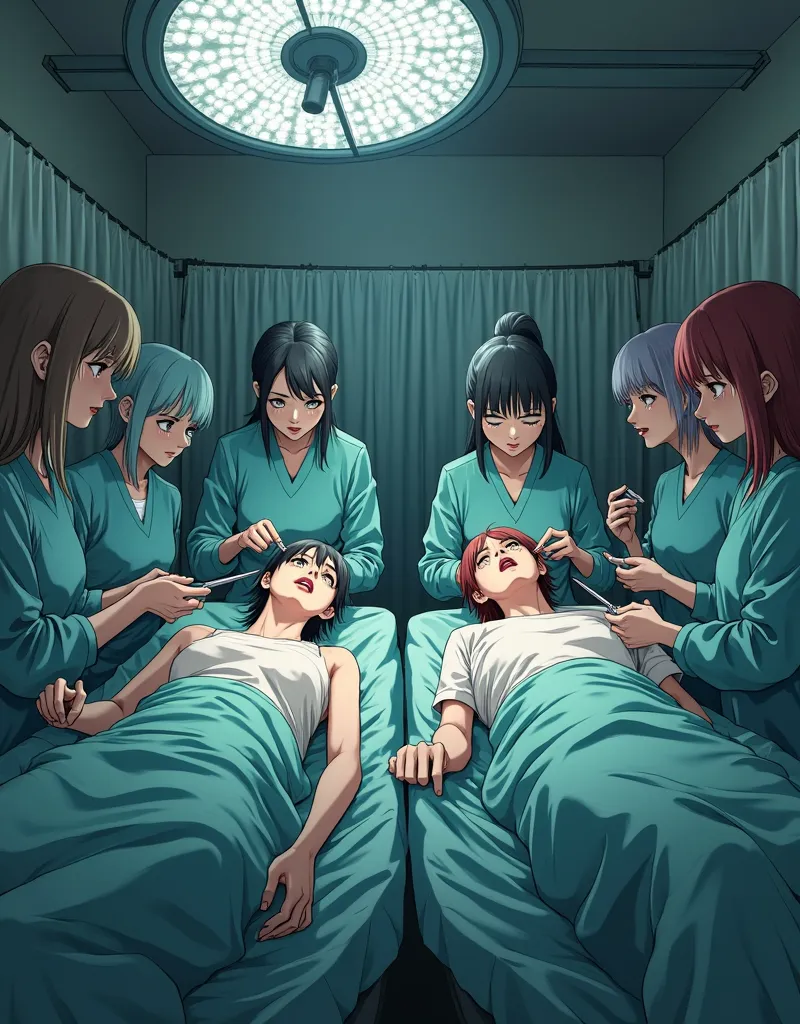 surrounded by medical curtains in an operating room, various very young anime female surgeons wearing surgical caps, surgical masks, surgical gowns, surgical gloves holding chisels and hammers, pliers, bone saws and meat cleavers, surrounding two gynecolog...