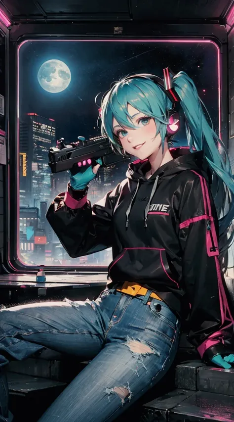 Hatsune Miku {futuristic clothes, hoodie, torn jeans, waist gear, black gloves, perfect measurements}, wearing headphones, smiling, neon, cyberpunk, electronic world, very bright lighting, night space, city, mirror shade, sitting on the stairs, futuristic ...