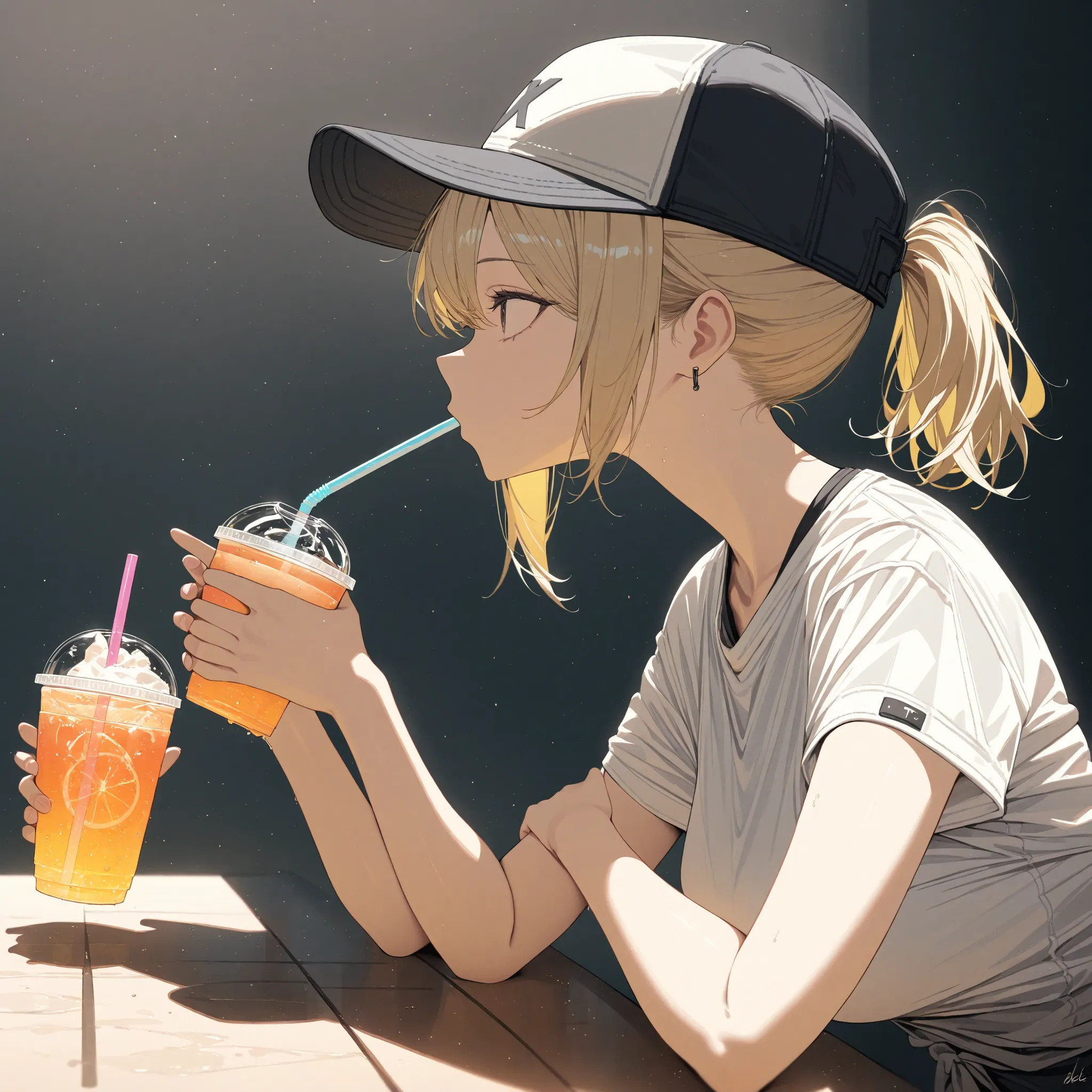 1 girl, Alone,  Vivid ,
 short hair, cup, profile, Food, ponytail,  drink , side lock, holding, [fruit, from the front, disposable cup,  drink  straw,  upper body, baseball cap, holding cup, blond hair,,  masterpiece, TOP QUALITY, high score,  GREAT SCORE,...