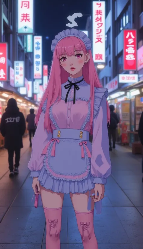 create a 90s retro anime-style, full body shot of a girl with a grunge vibe, pink long straight hair with a mini choppy fringe, she has pale skin, pink almost piercing gorgeous eyes, light pink flushed cheeks, soft pink lips, she is wearing a baby blue mai...