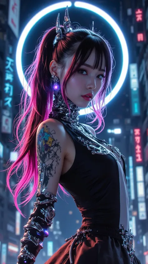  Fascinating screen ，presents a Taiwanese woman in a striking cyberpunk setting。 Carefully drawn digital paintings，With vivid neon lights and futuristic elements。 the lady exudes a mysterious and elegant air，colorful hair，Metallic ornaments。 Elegant clothi...