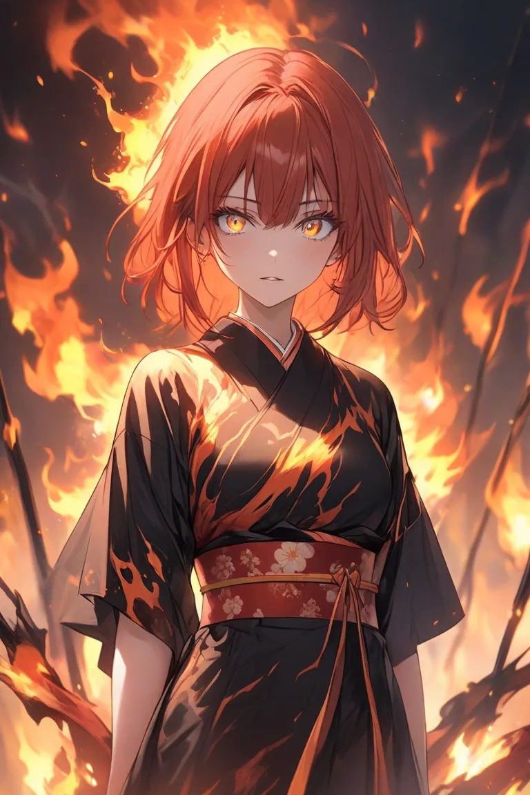 Red-haired and shorthaired woman。The eyes are slightly yellow and have hanging eyes。Desperate in the world、reached for heaven to burn everything in this world、Cowboy shot of a Japanese woman standing wearing 。Her surroundings are covered in flames。