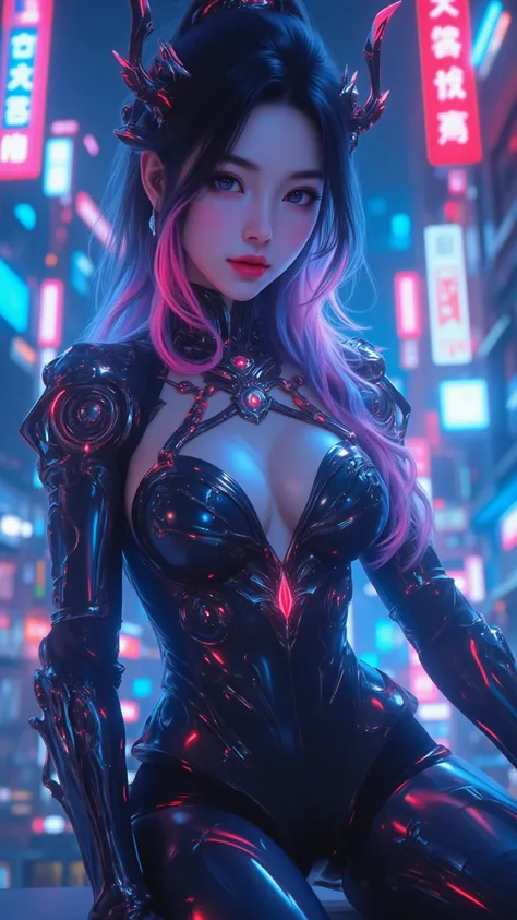  Fascinating screen ，presents a Taiwanese woman in a striking cyberpunk setting。 Carefully drawn digital paintings，With vivid neon lights and futuristic elements。 the lady exudes a mysterious and elegant air，colorful hair，Metallic ornaments。 Elegant clothi...